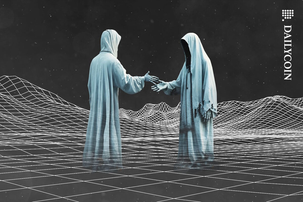 Two ghosts shaking hand in an eerie landscape.