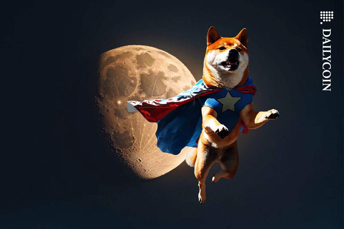 A superhero Shiba Inu floating in space infront of the moon.