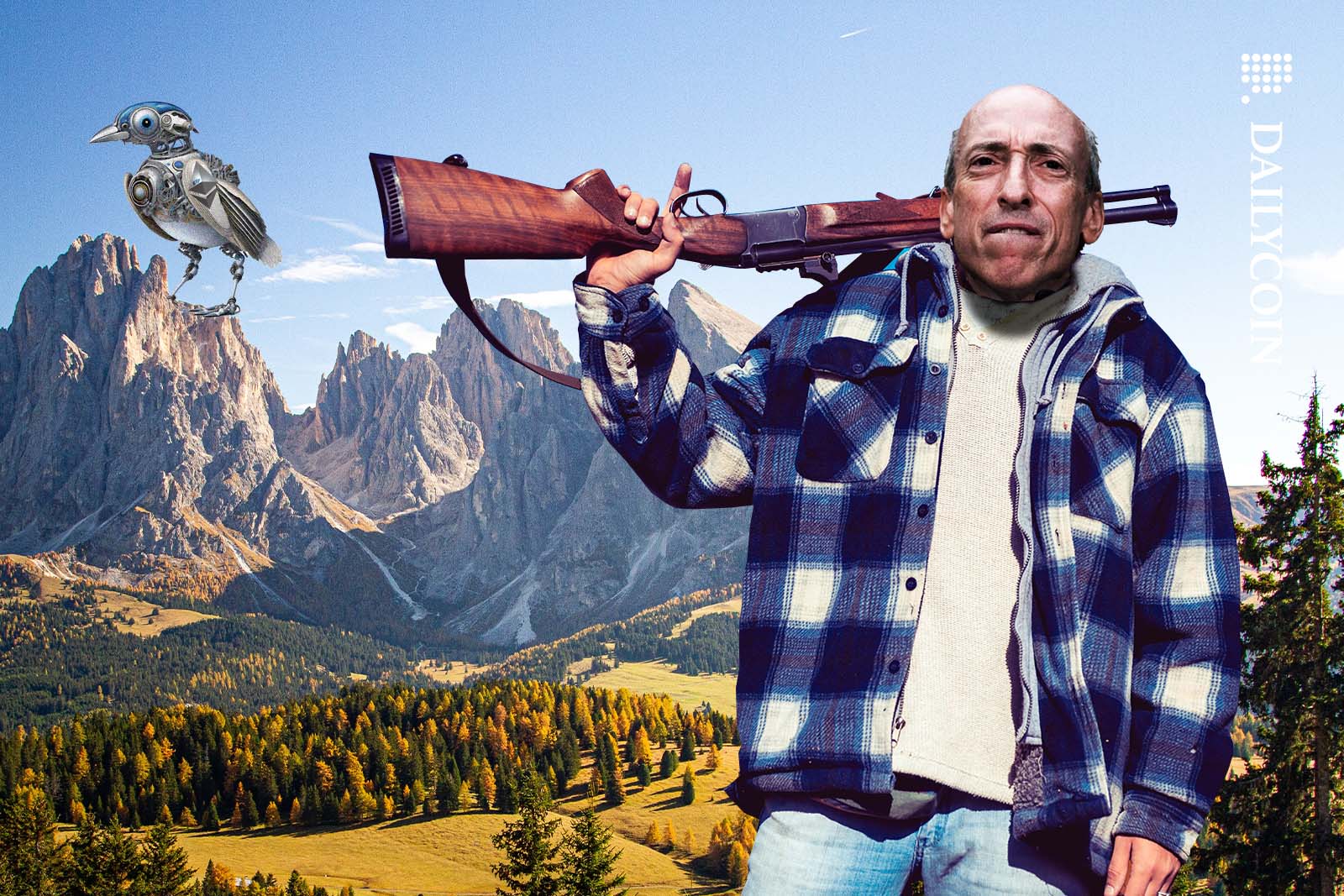 Gary Gensler getting ready to shoot a bird with a shotgun on his shoulder.