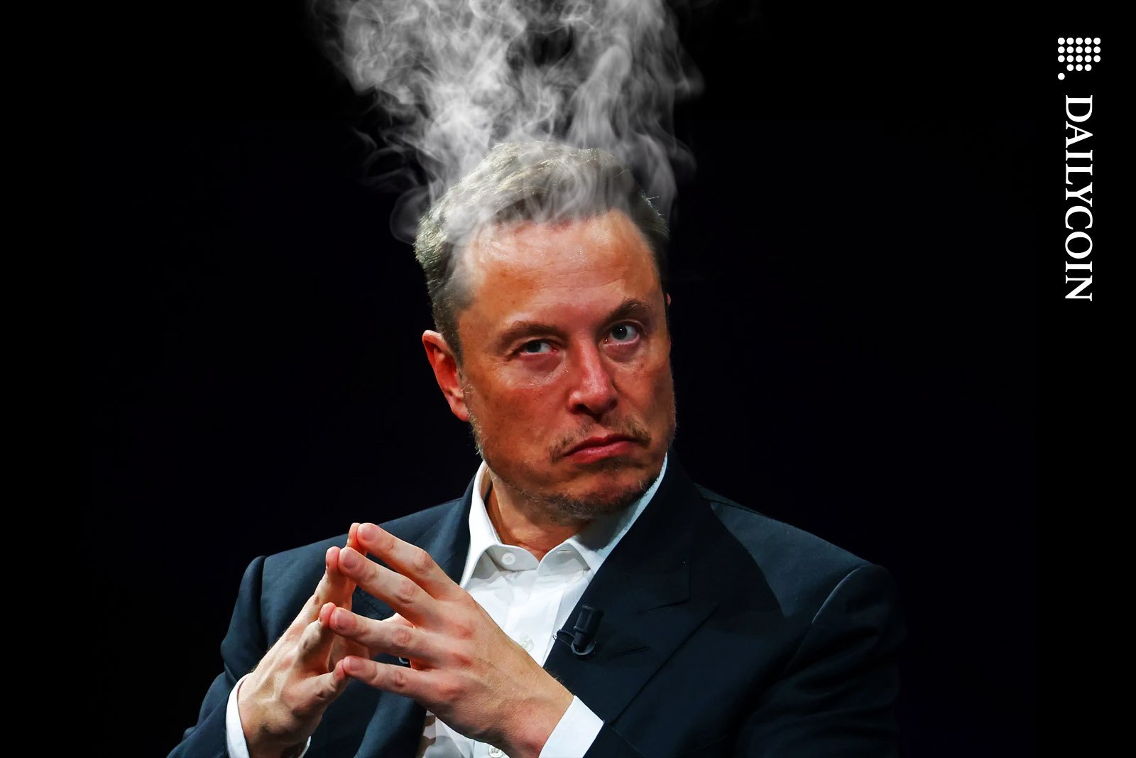 Elon Musk is red with anger and steam coming off his head.
