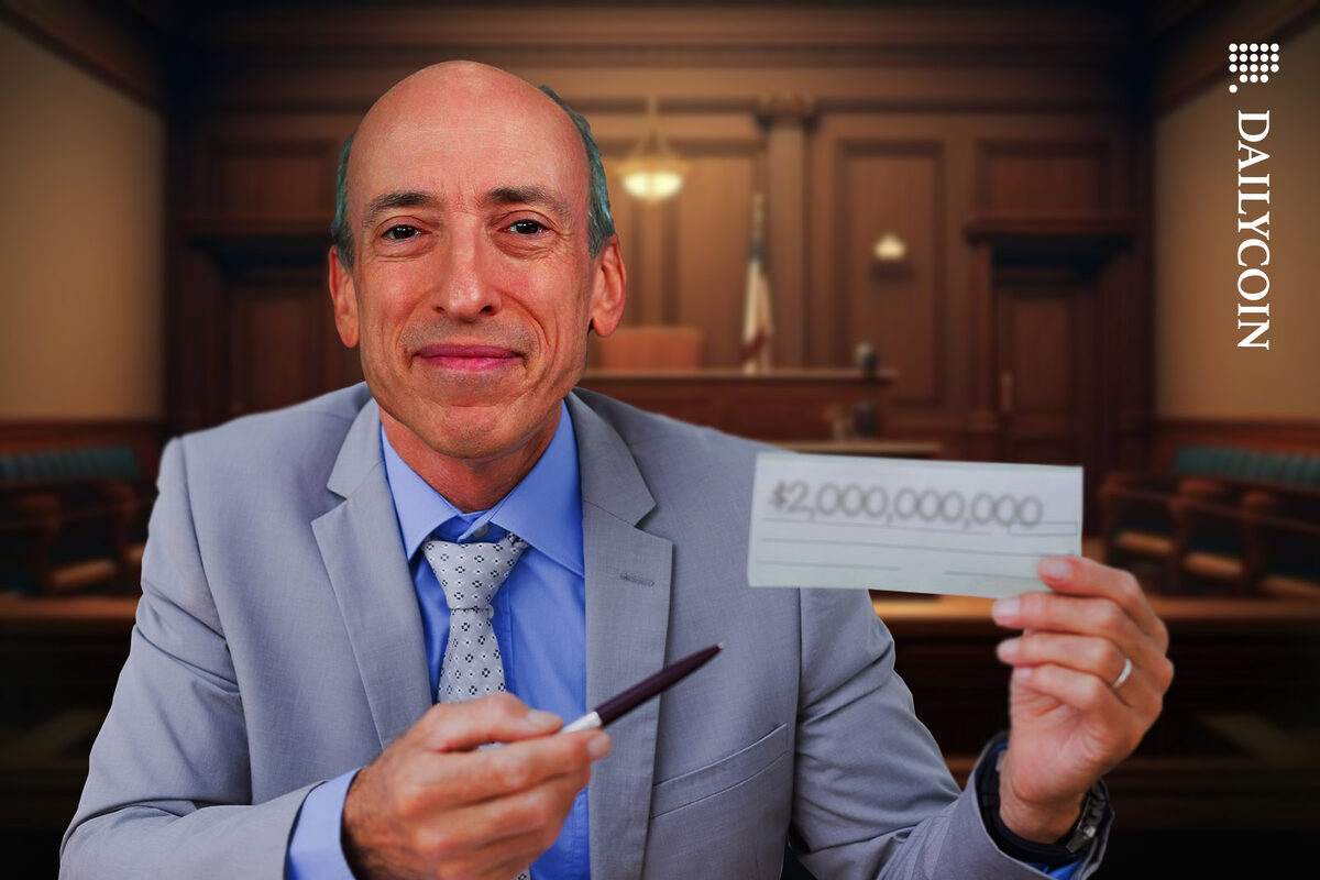 Gary Gensler showing a cheque for $2B with a big smile on his face.