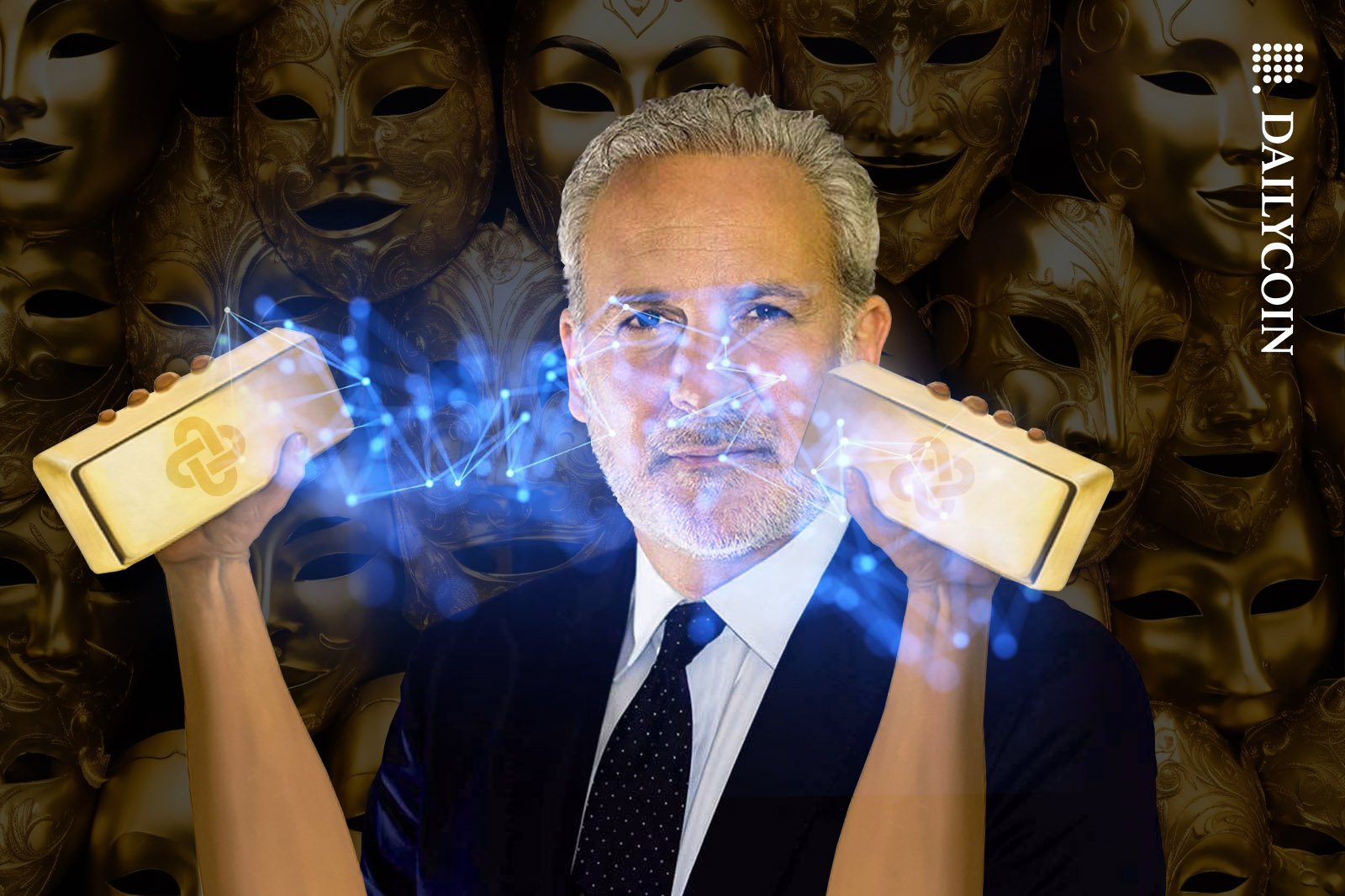 Peter Schiff holding up two gold bars in front of a wall of golden masks.