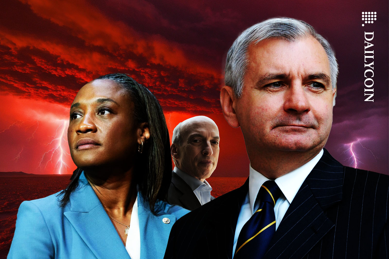 Dramatic juxtaposition of Jack Reed, Laphonza Butler and Gary Gensler infront of a red stormy background.