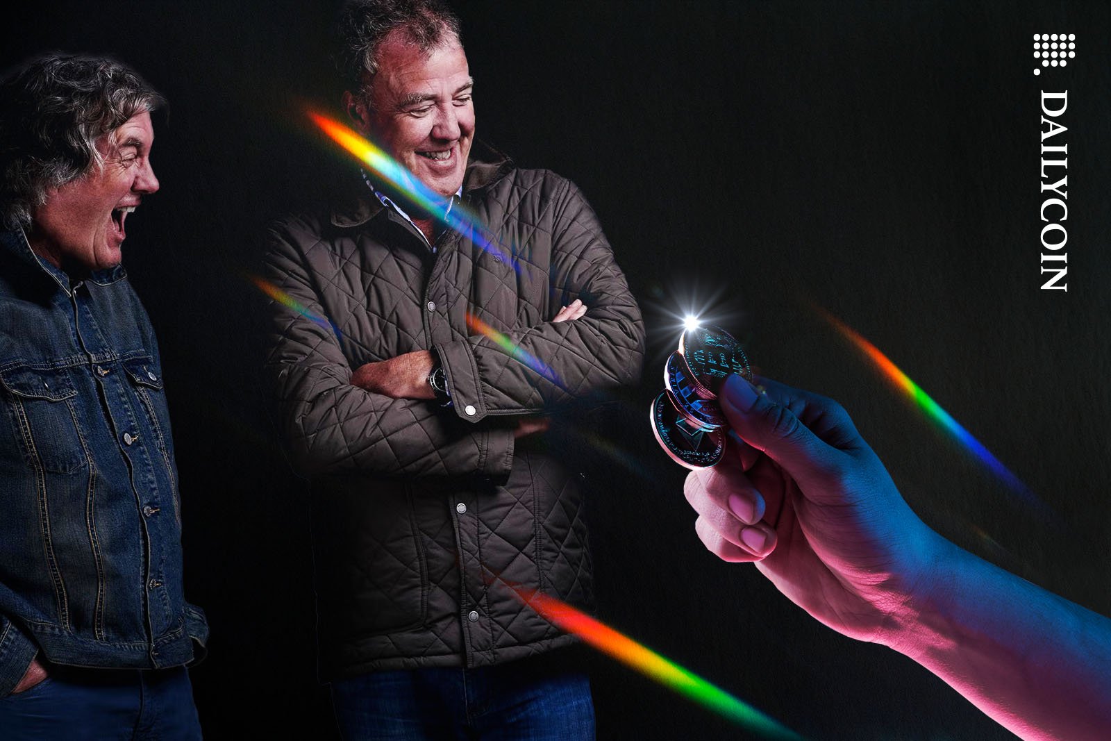 Jeremy Clarkson and James May laughing at a handfull of crypto coins.