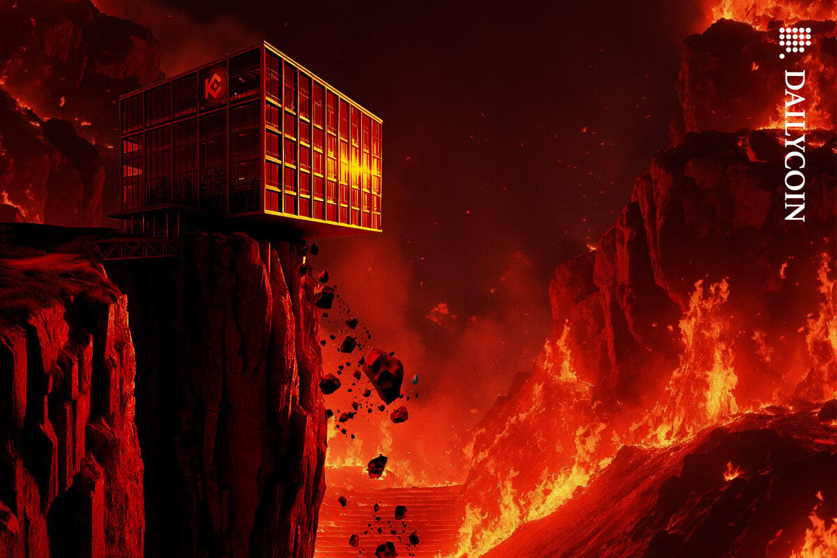 KuCoin office building on the edge of a cliff over a fiery inferno.