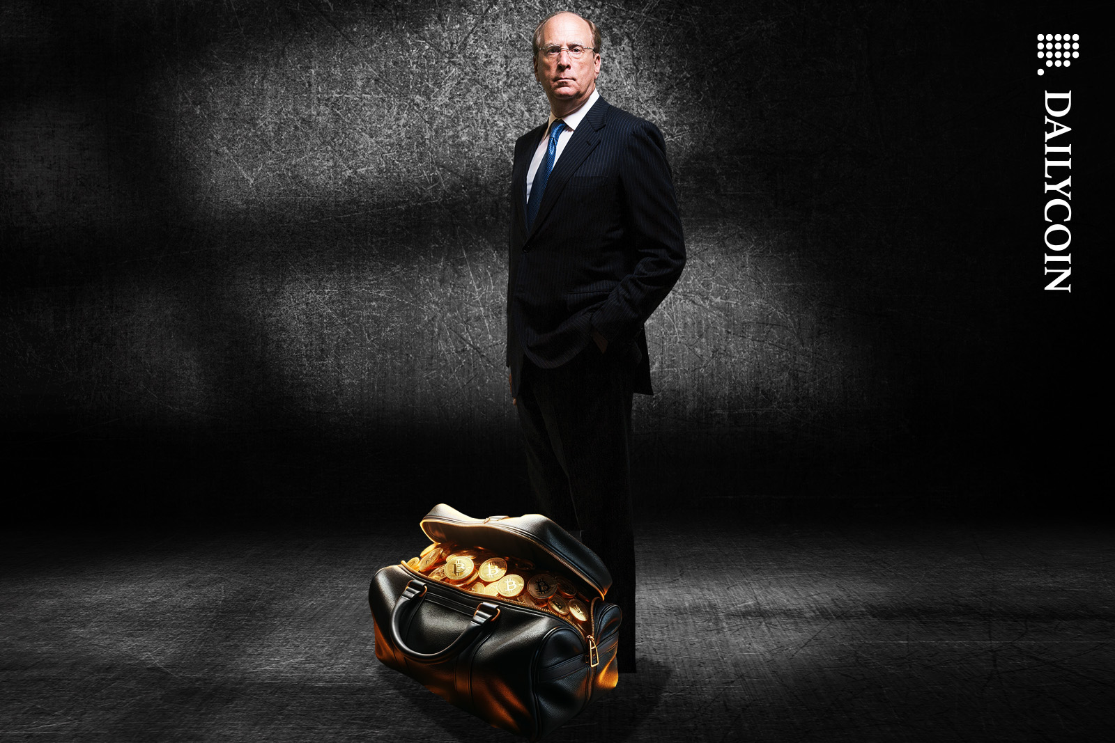 Larry Fink with a big bag of Bitcoins in a dark room.