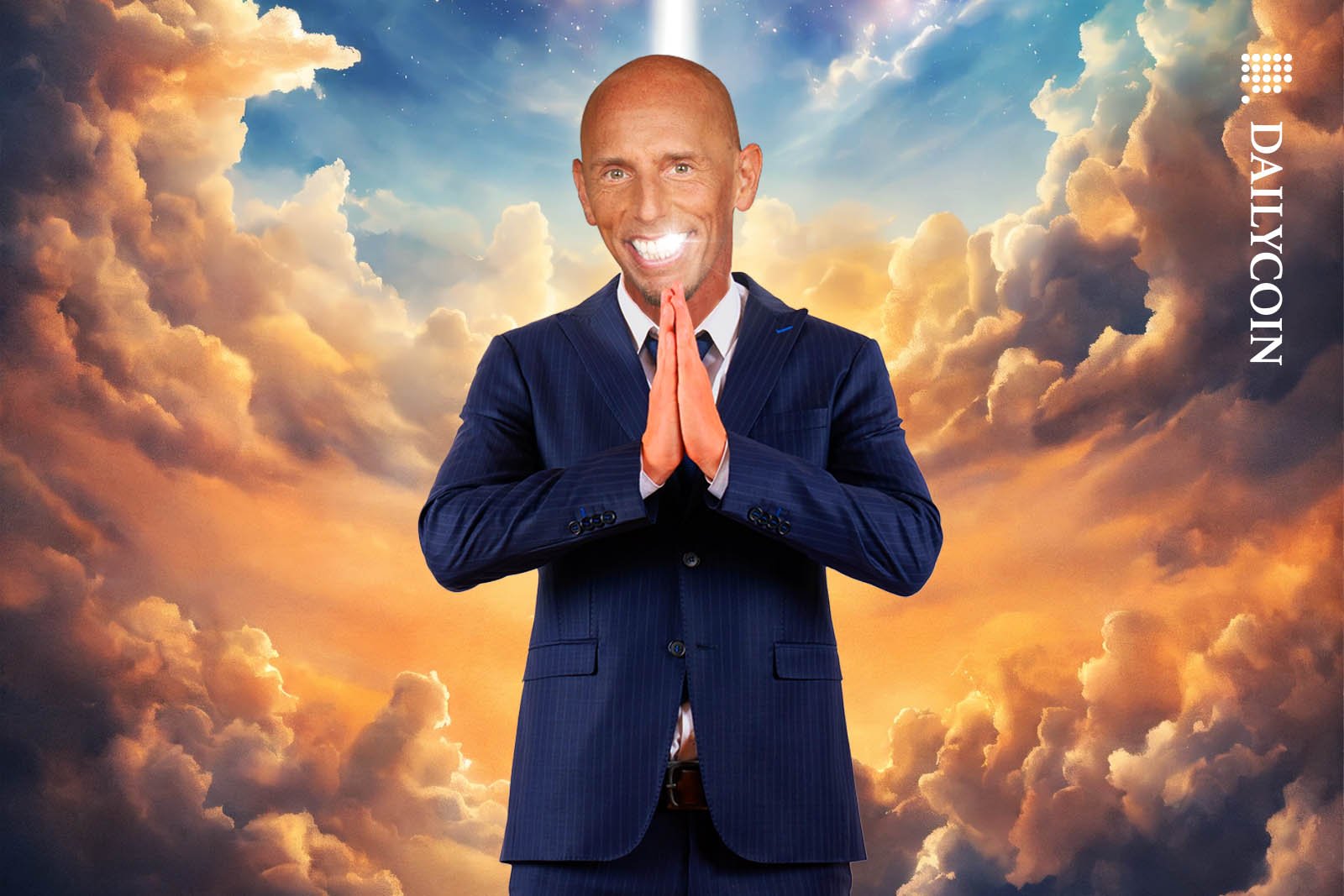 Marc Mukasey puts his hands for a prayer infront of a heavenly background.
