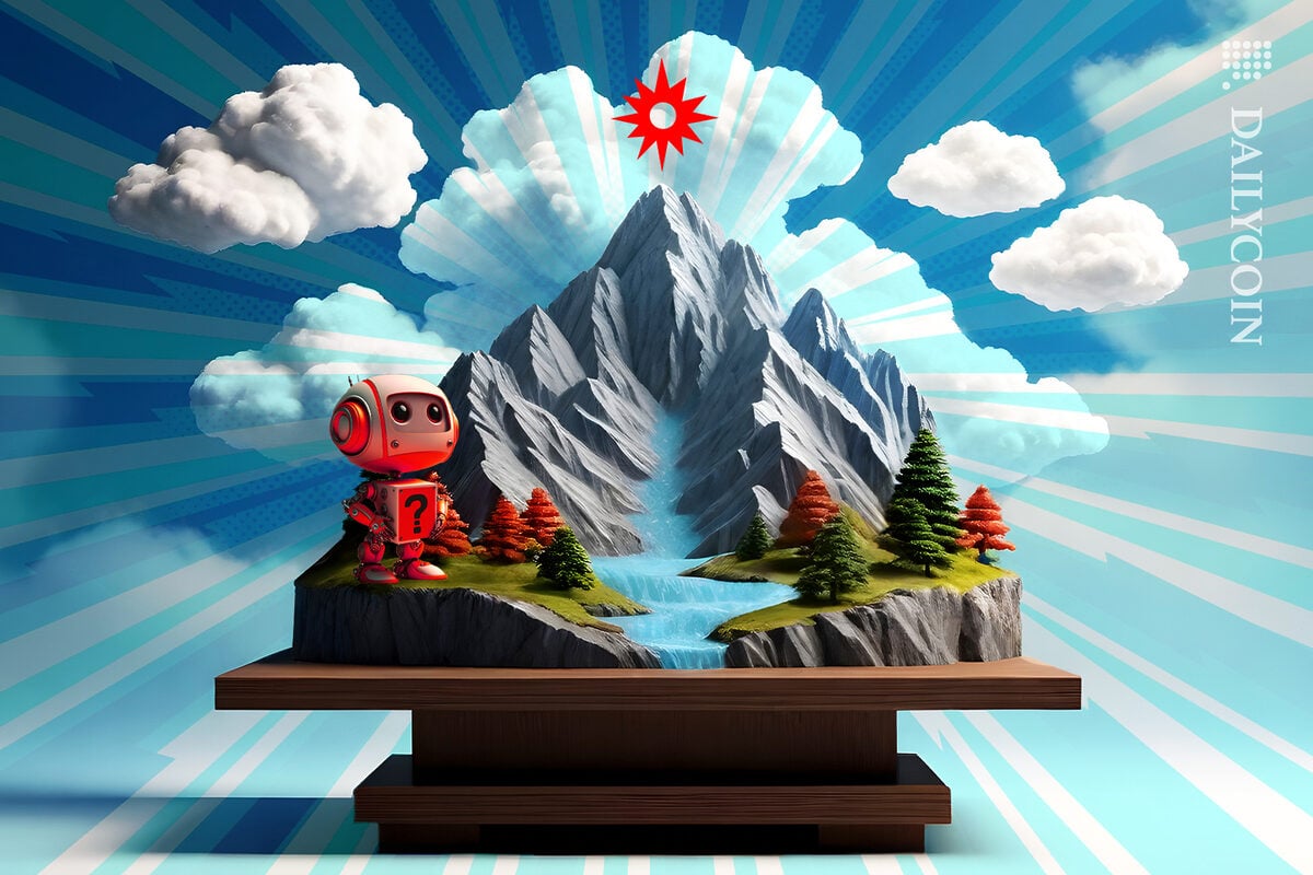 Robot looking after MicroStrategy, sees that the stock is reaching peaks of mountains in the sky.