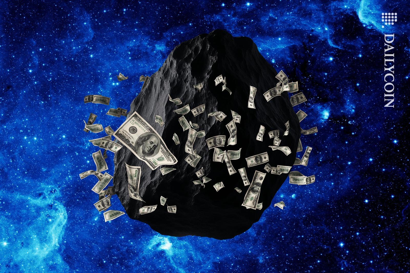 A Guge black rock floating in space with money orbiting around it.