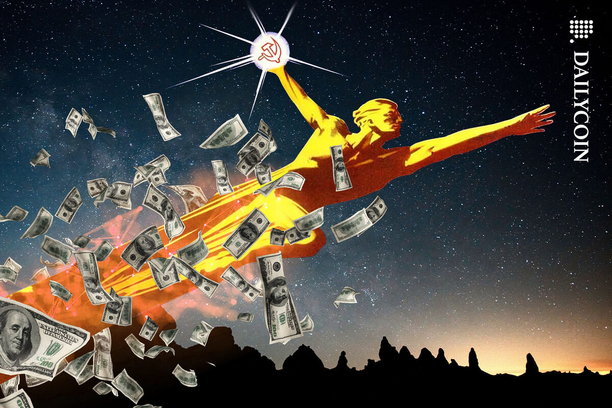 Soviet poster style figure soaring across tyhe sky leaving a trail of money behind.