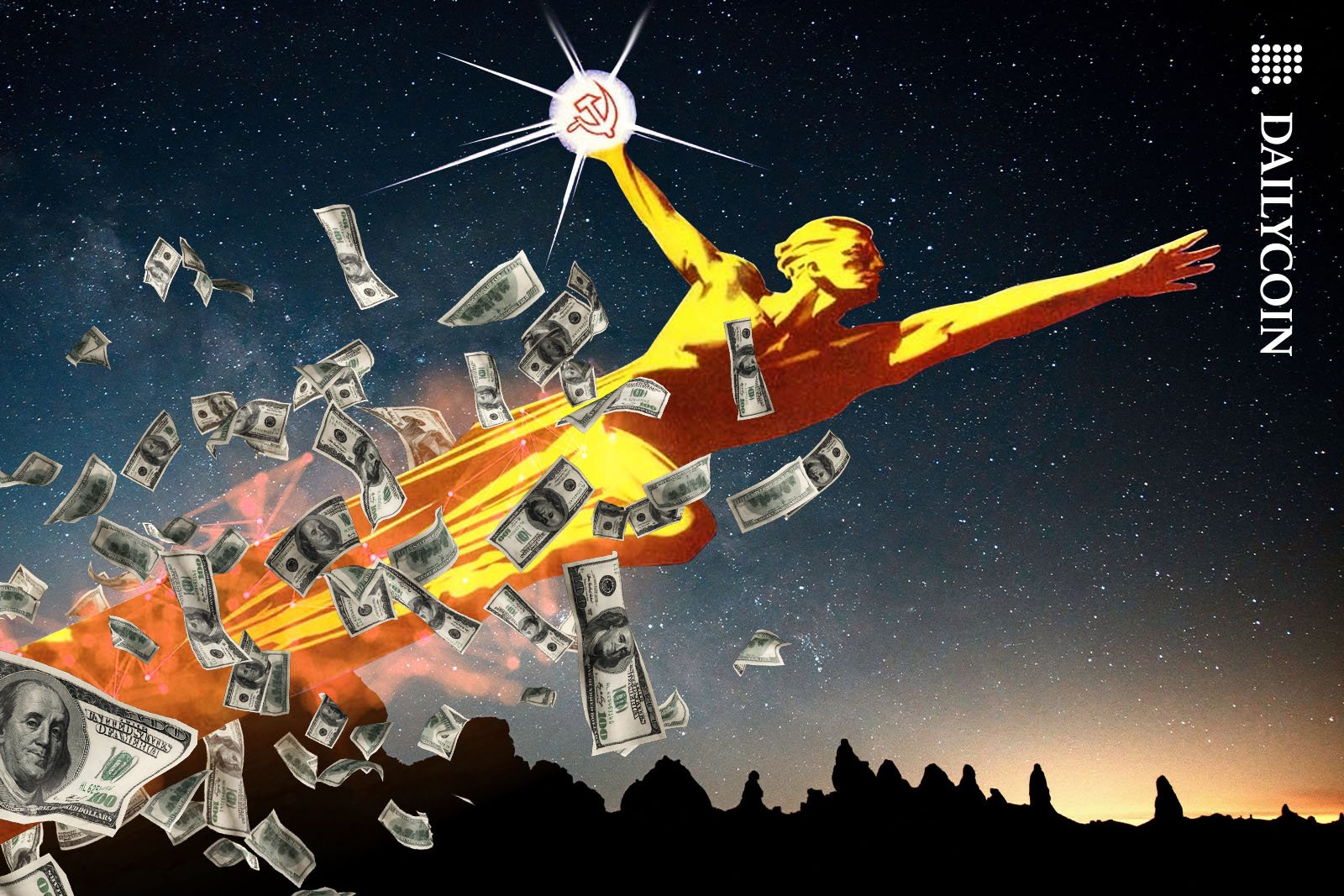 Soviet poster style figure soaring across tyhe sky leaving a trail of money behind.