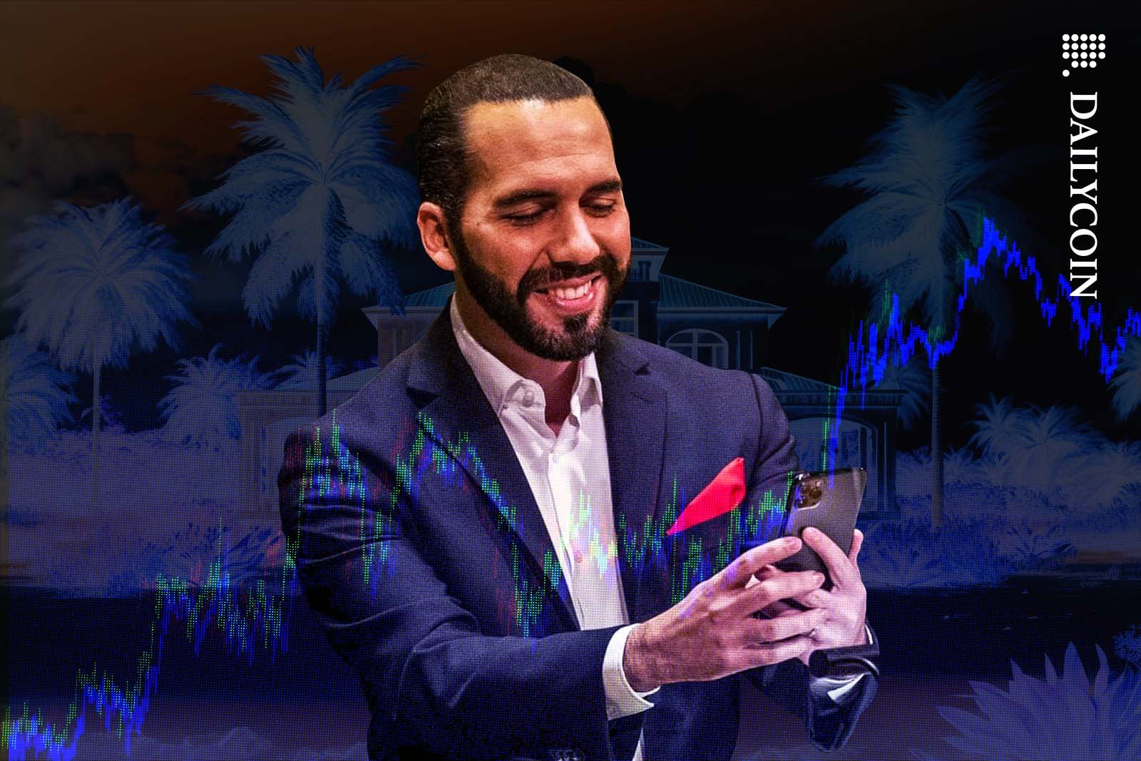 Nayib Bukele looking at his phone with a big smile on his face.