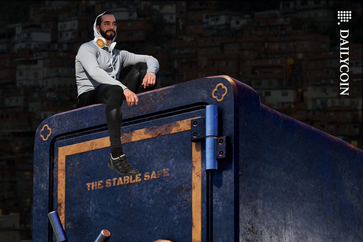 Nayib Bukele sitting on top of a giant safe with a favela in the background.
