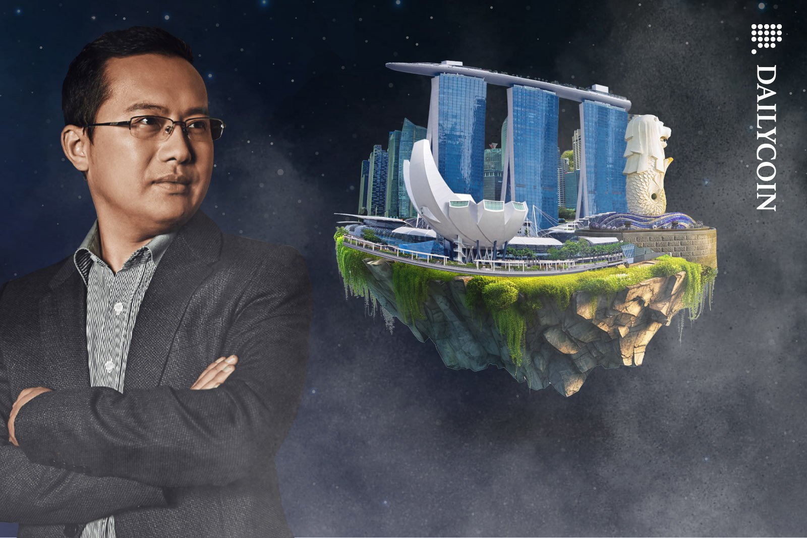 Star Xu smiling as he is looking at a floating island resembling Singapore.