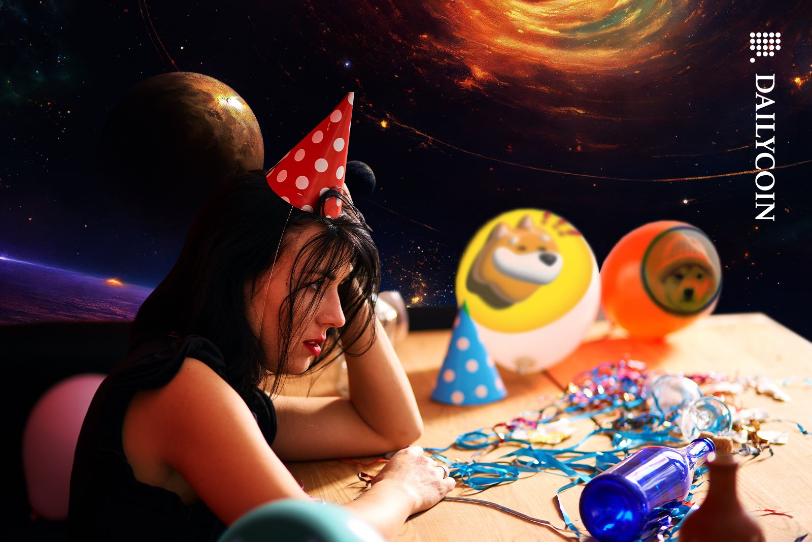 Woman wearing party hat sitting by a messy table after a party.