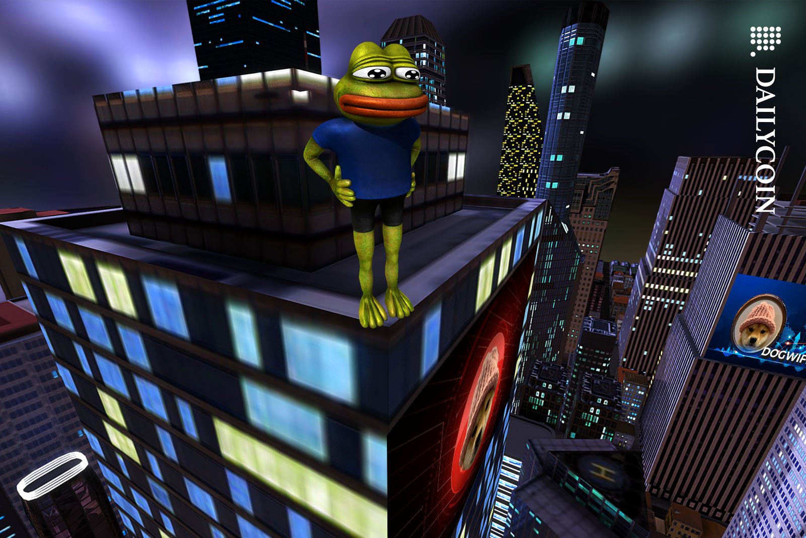 Pepe the frog ready to end it all from the top of a skyscraper.