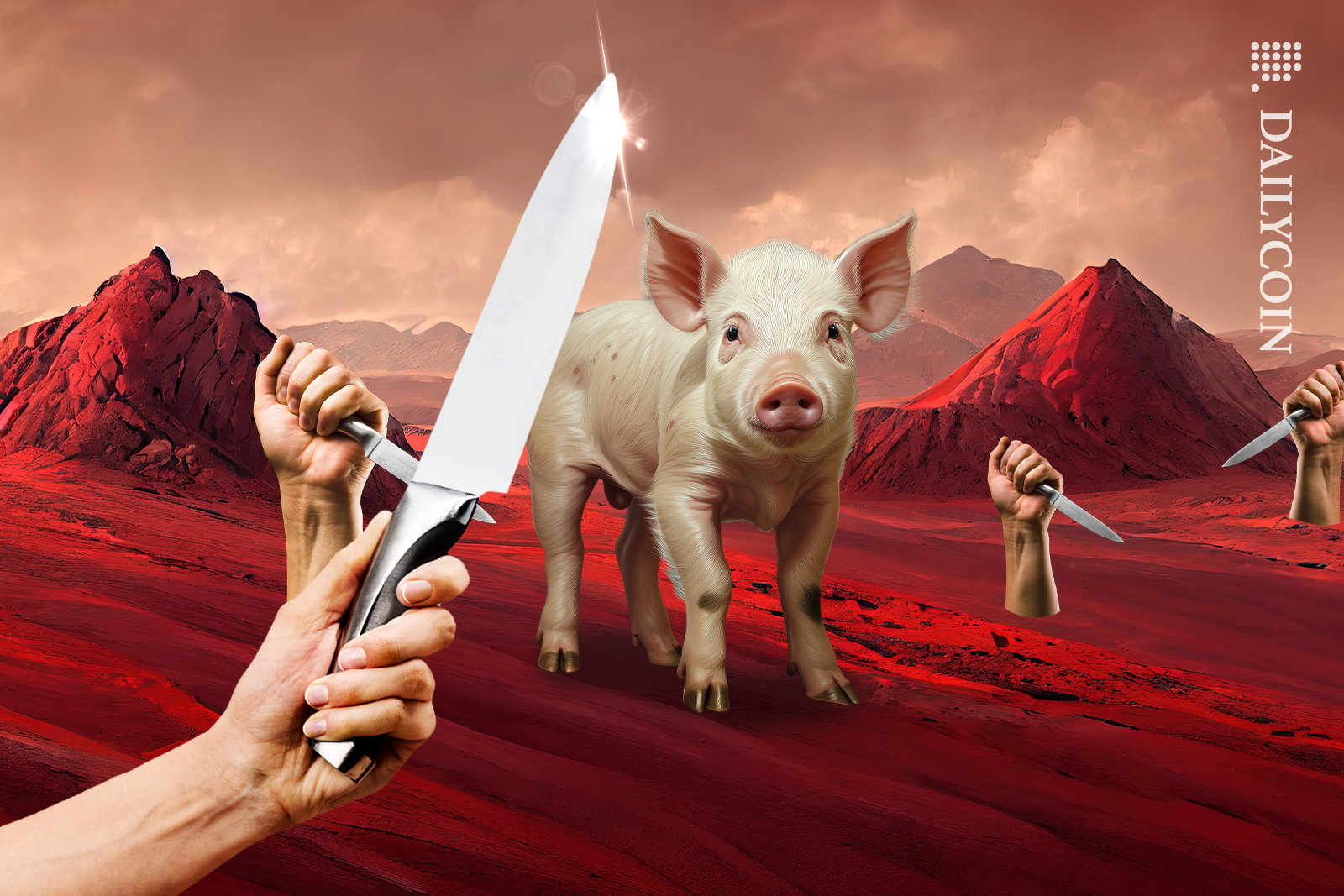 Hands with knifes threatening the pig on a red land.
