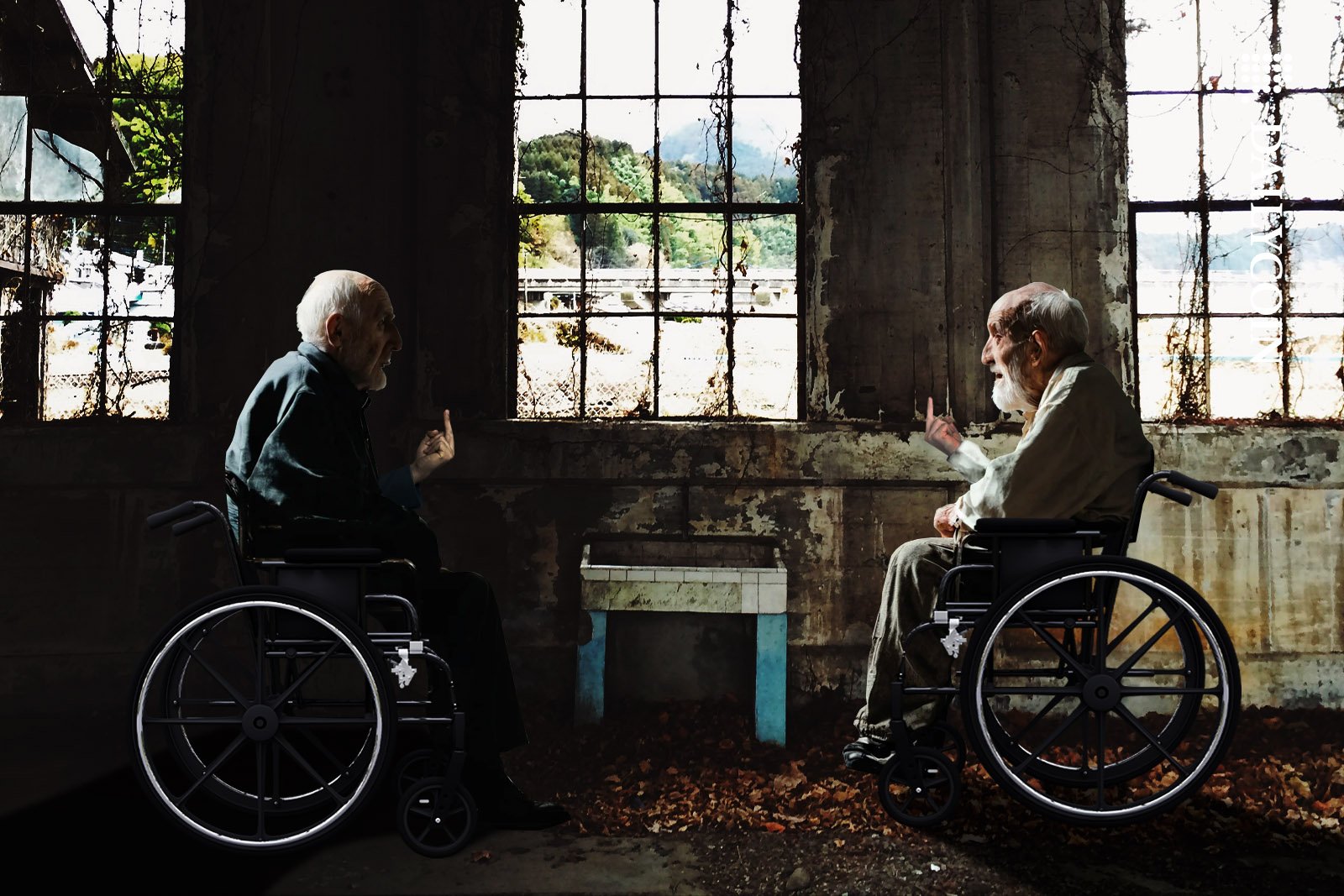 Two very old man facing eachother in wheelchairs, giving the middle finger in an old abandoned building.