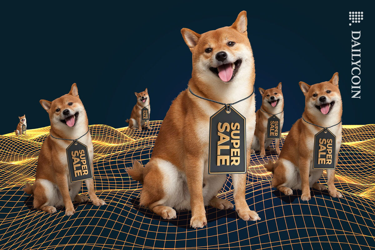 Shiba Inus with "super sale" sign around their necks sitting happily in a wireframe environment.