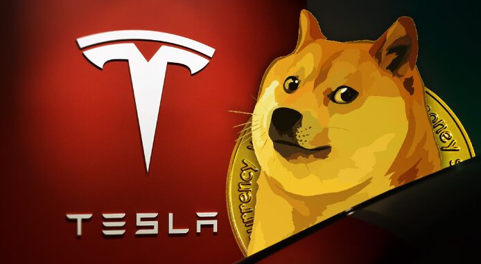 Dogecoin next to Tesla logo.
