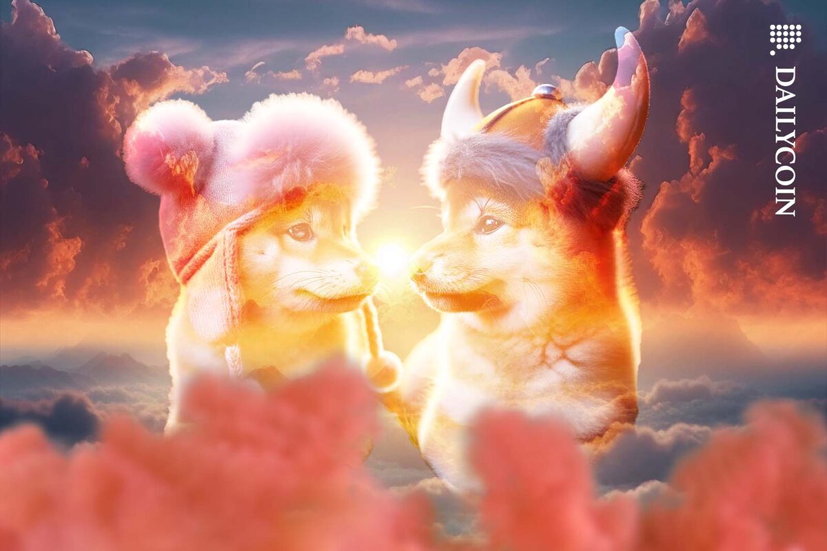 A match made in heaven, two Shiba Inu puppies looking at each other with love, sitting on clouds.