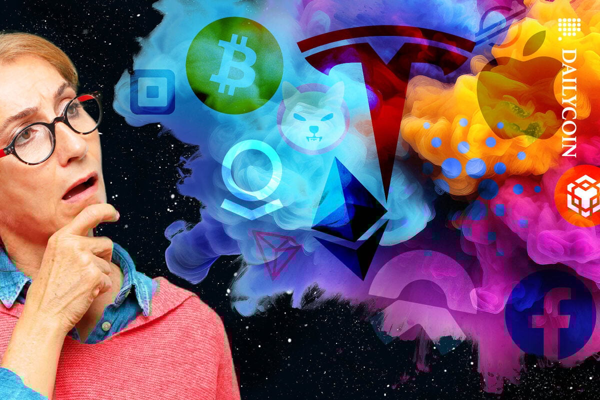 woman looking at a colourful cloud full of crypto currency and stock logos.