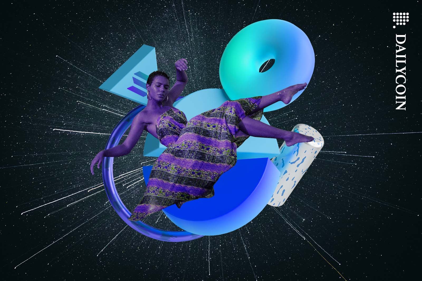 Woman floating around in space with 3D objects.