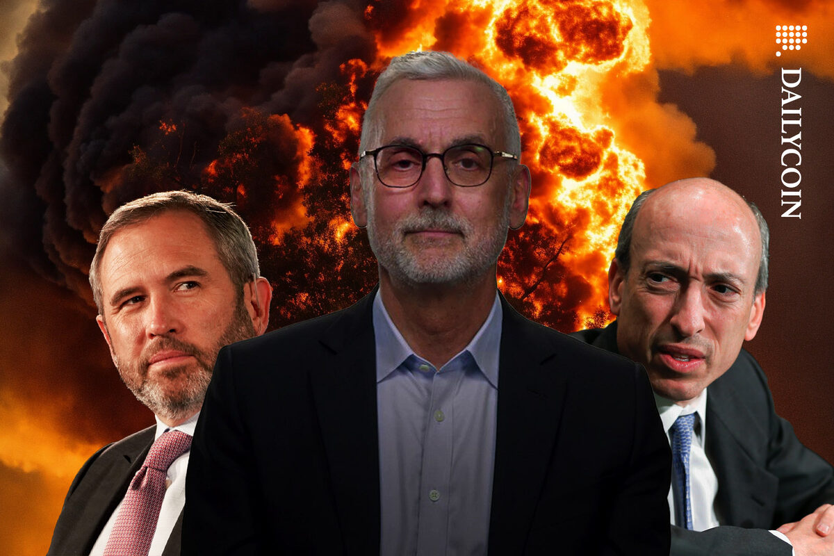 Stuart Alderoty in the center looks smug as Brad Garlinghouse looking at him proudly and Gary Gensler appears to be furious.