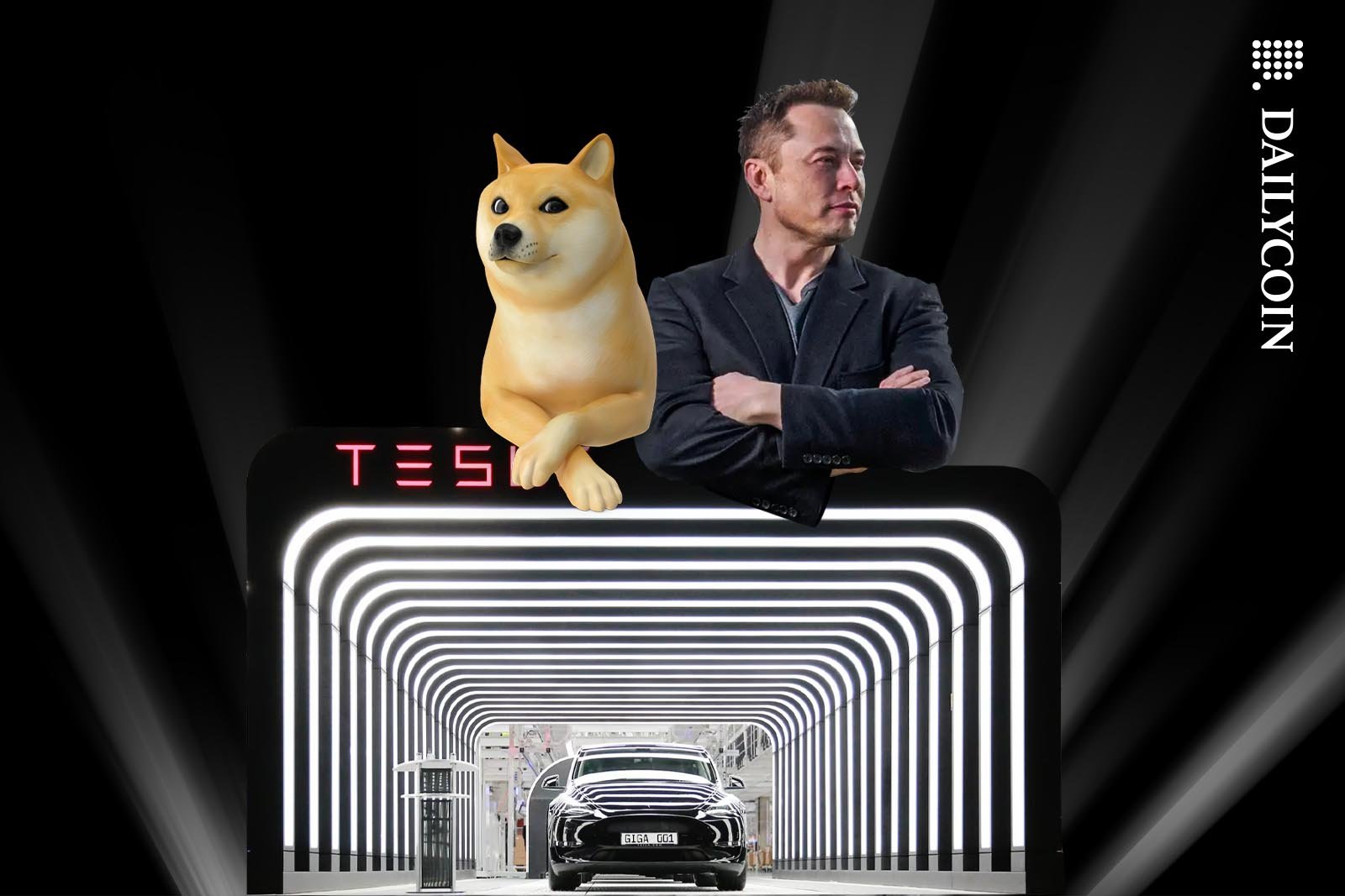 Elon musk flexing with with Dogecoin dog on top of Tesla gigafactory entrance.
