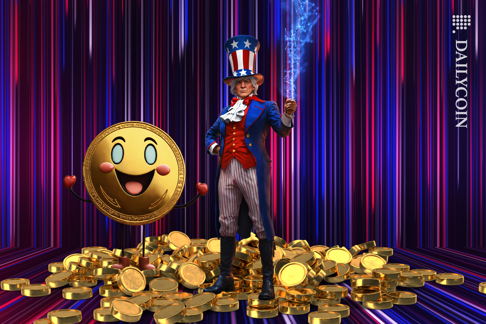 Uncle Sam character promoting DEFI, a Coin mascot is with him cheering.