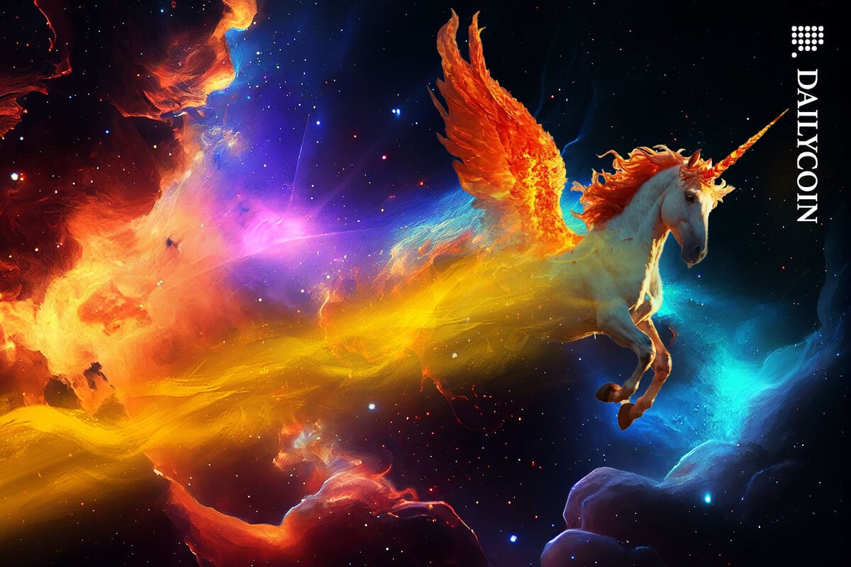 Flaming unicorn flying through a galaxy.