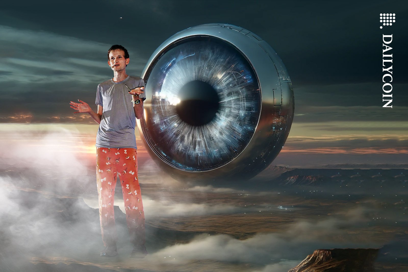 Vitalik Buterin talking in front of a gigantic artificial eyeball.