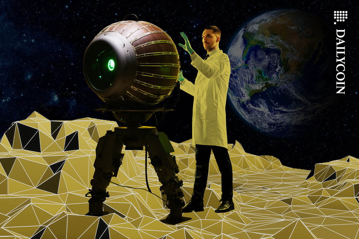 Man in lab coat examining an eyeball robot on a low poly planet.