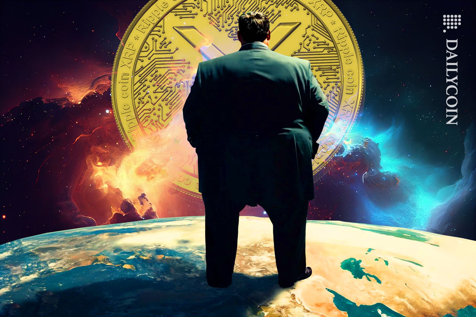 Big suited man staring at a giant XRP coin in space.