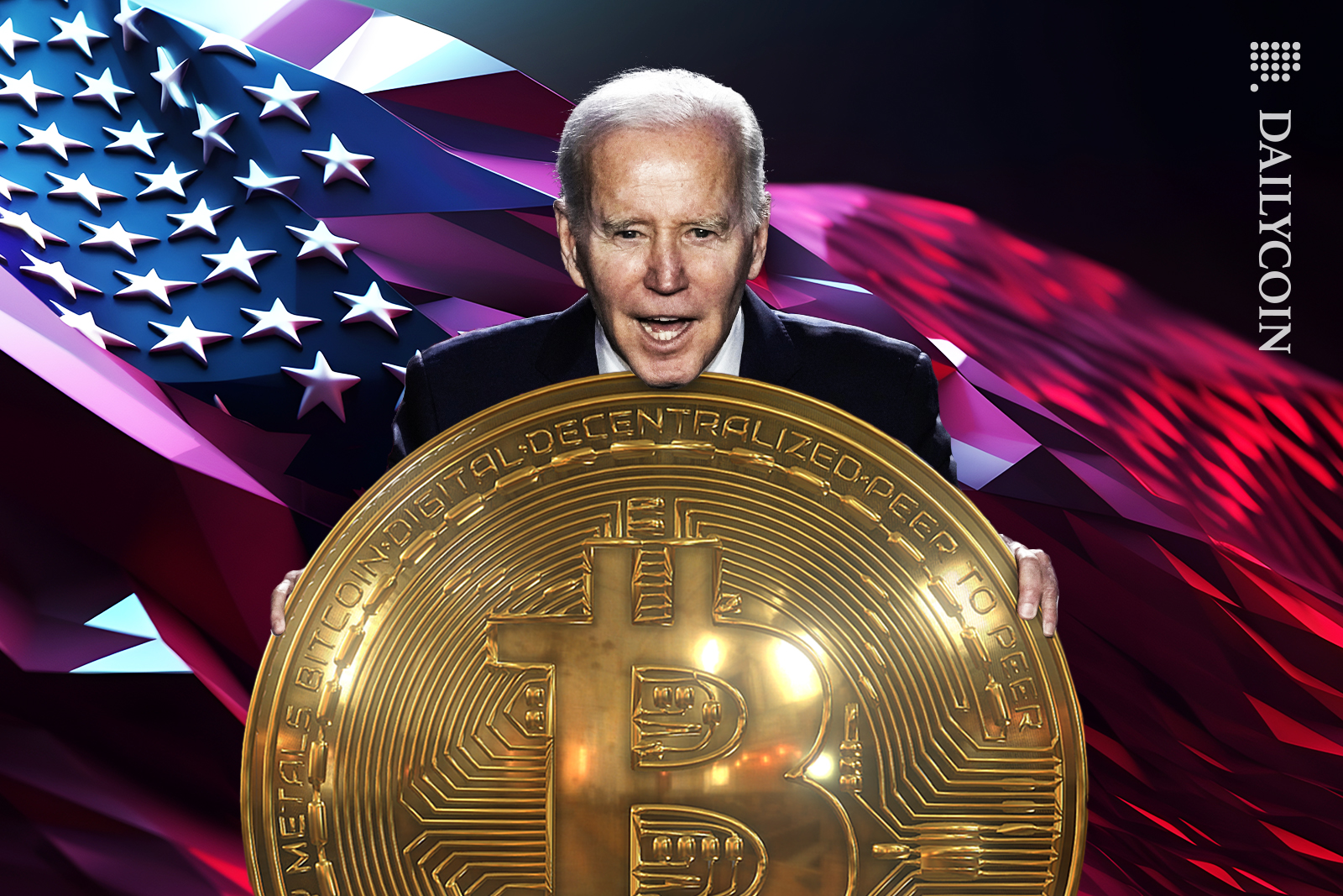 USA president Biden showing a massive bitcoin.