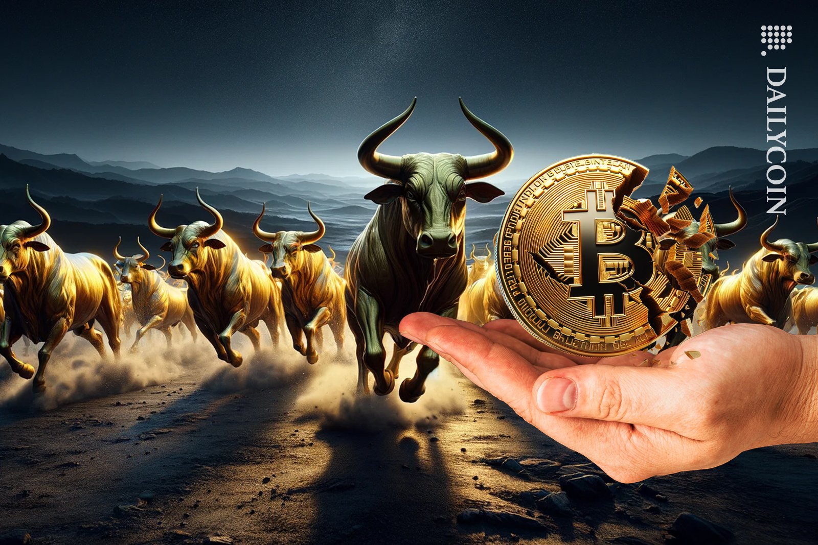Bulls running towards a bitcoin crumbling in half