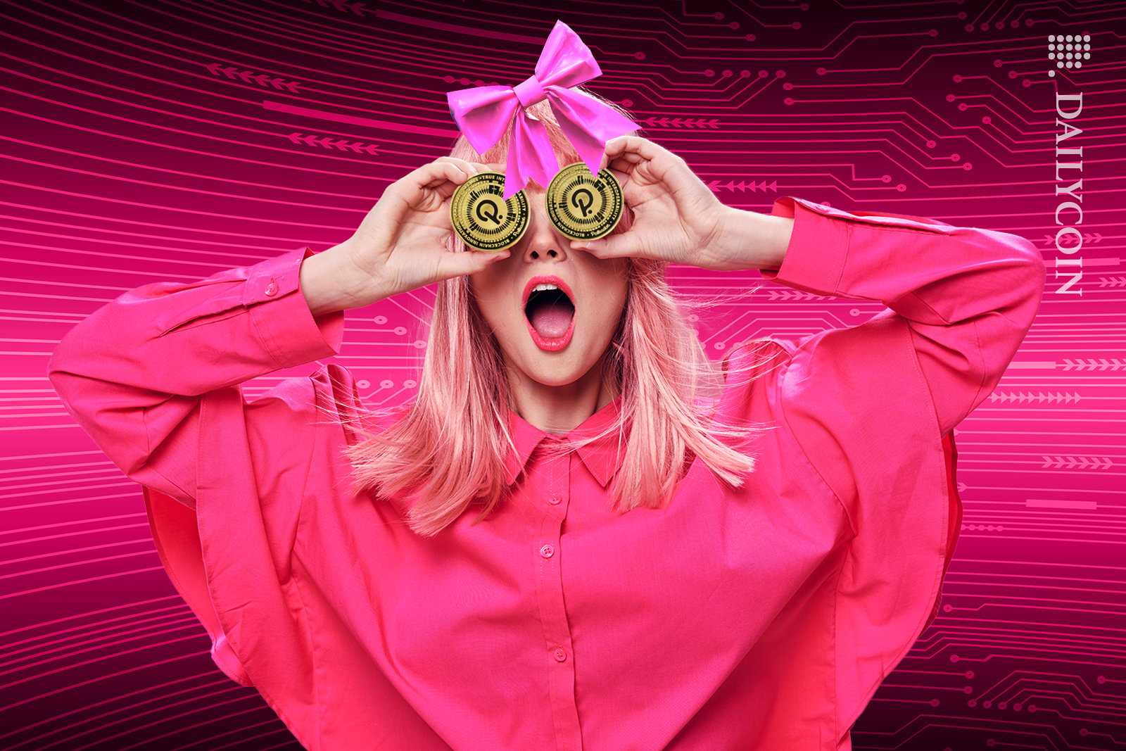 Girl wearing pink, in a pink digital land holding polkadot coins to her eyes with a $PINK bow on her head.