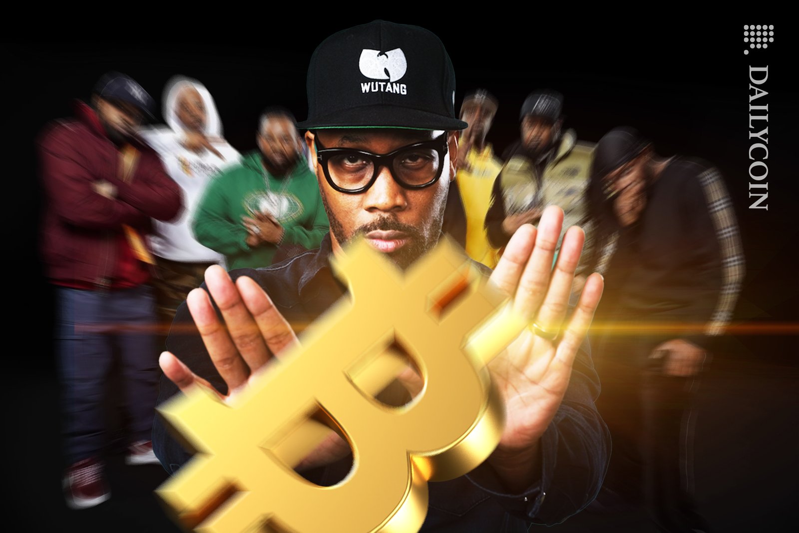 RZA of Wu Tang showing their groups hand symbol using a Bitcoin force.