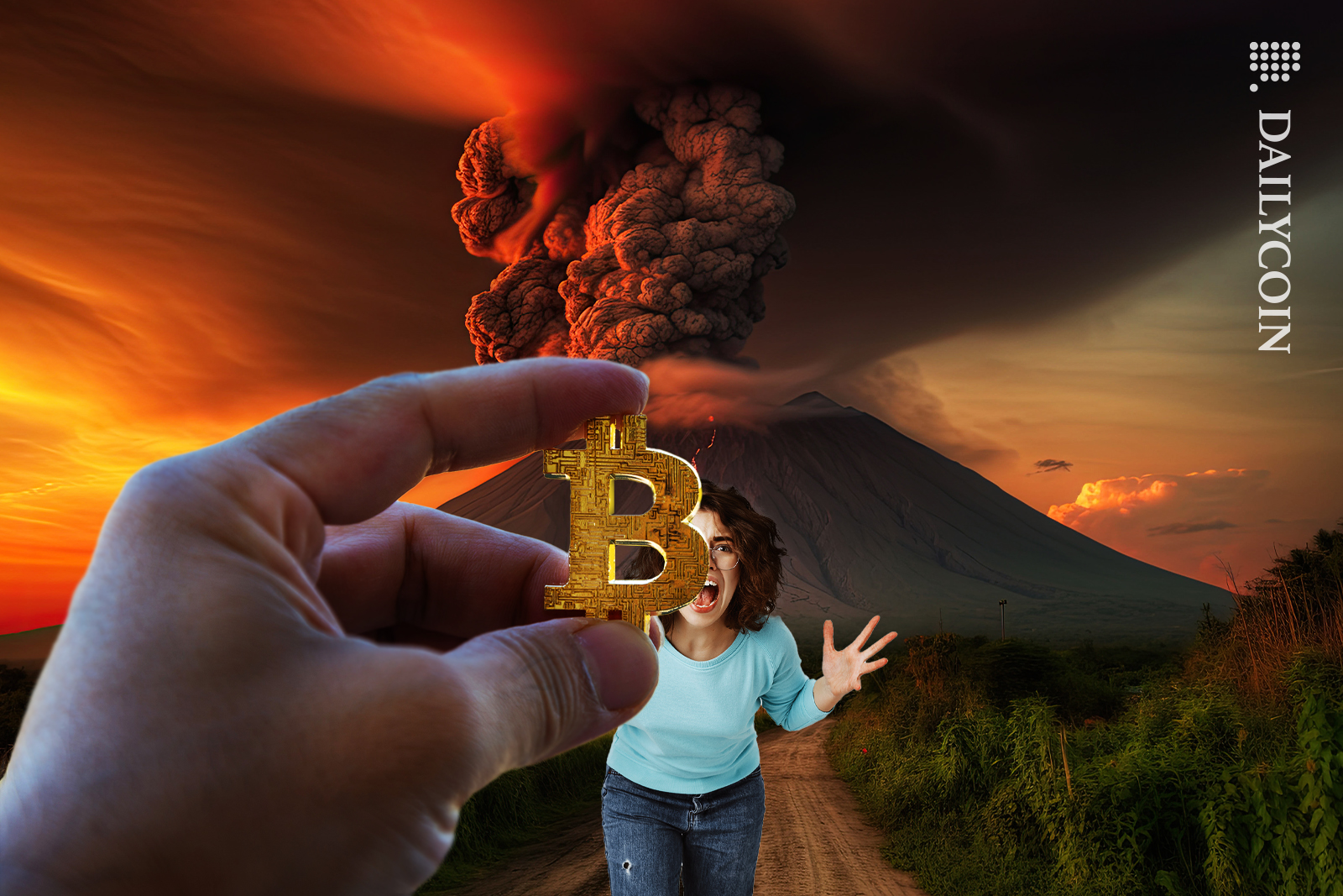 A hand holding up a Bitcoin, woman screaming that theres a volcano about to erupt.