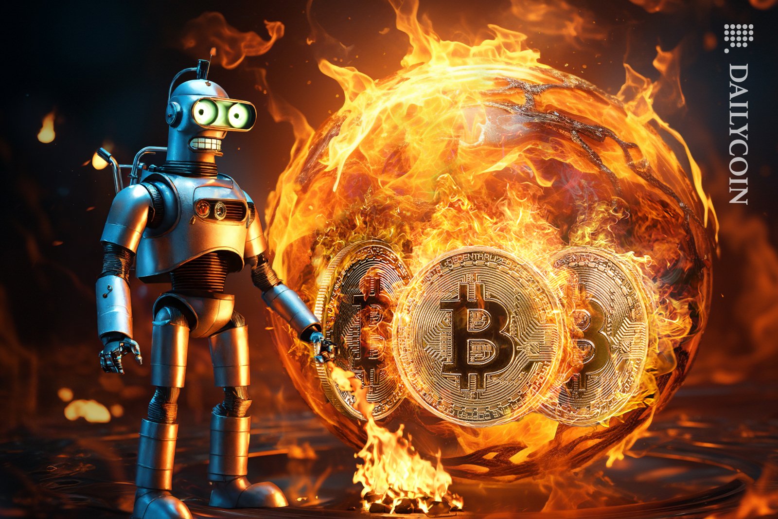 Robot worrying about Bitcoins crashing and burning.