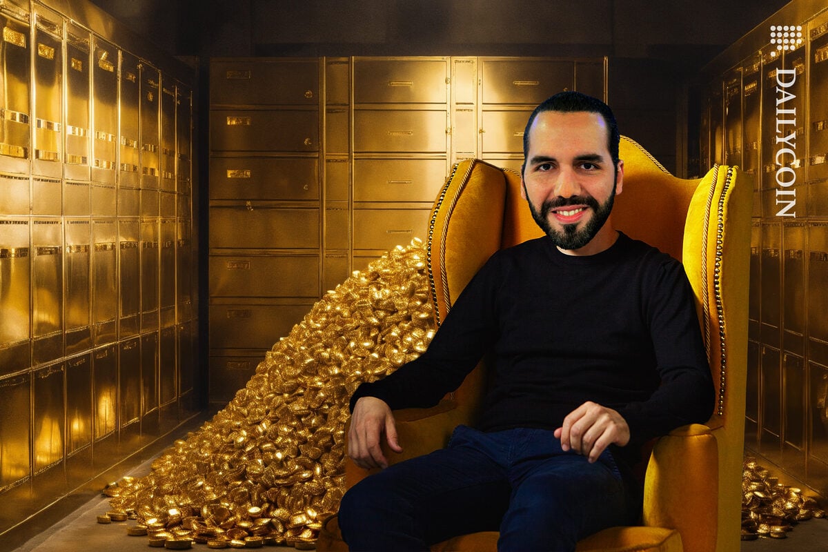 Bukele sitting in his golden vault.