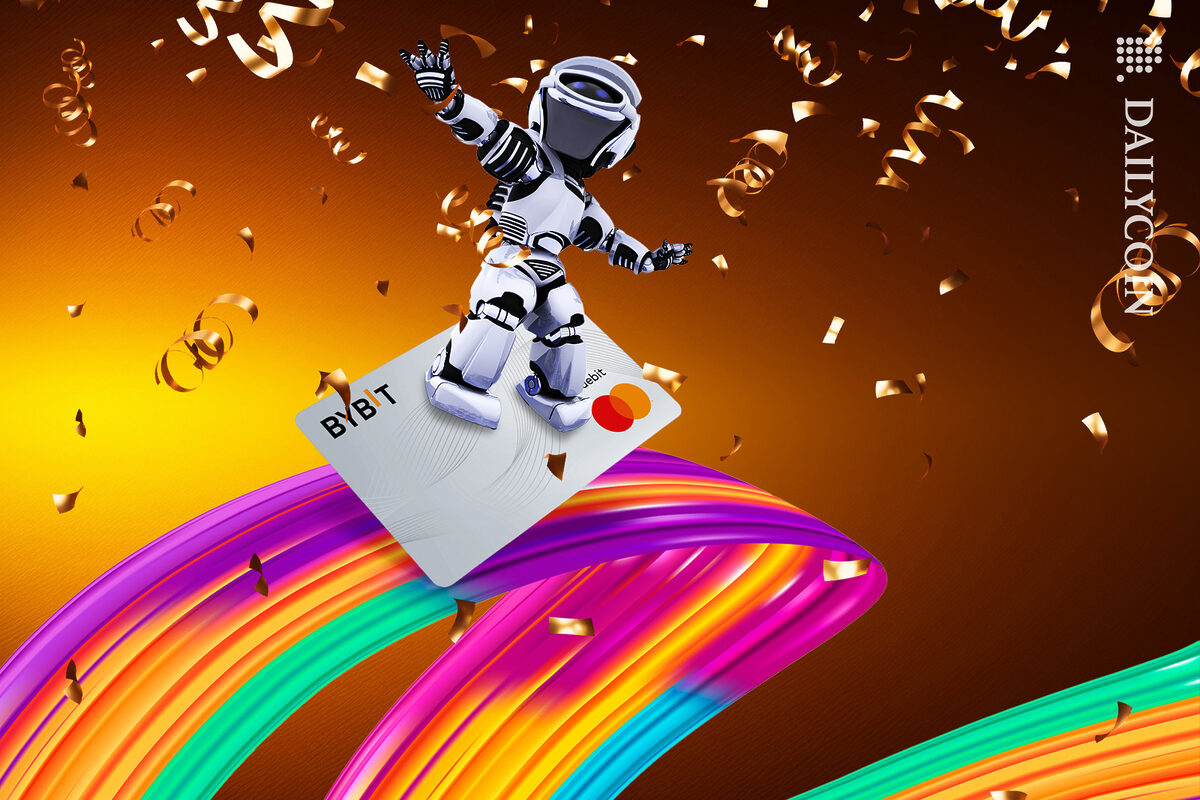 Robot on a rainbow wave celebrating Bybit card.