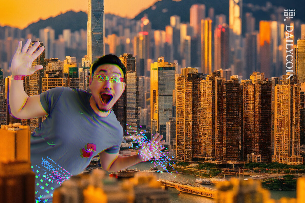 Excited guy with a CBDC t shirt in Hong Kong starting to glitch.
