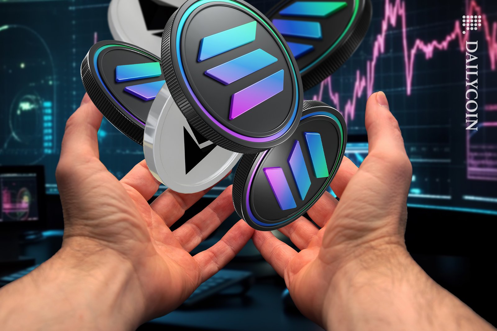 Hands holding Solana and ETH coins looking at the chart.