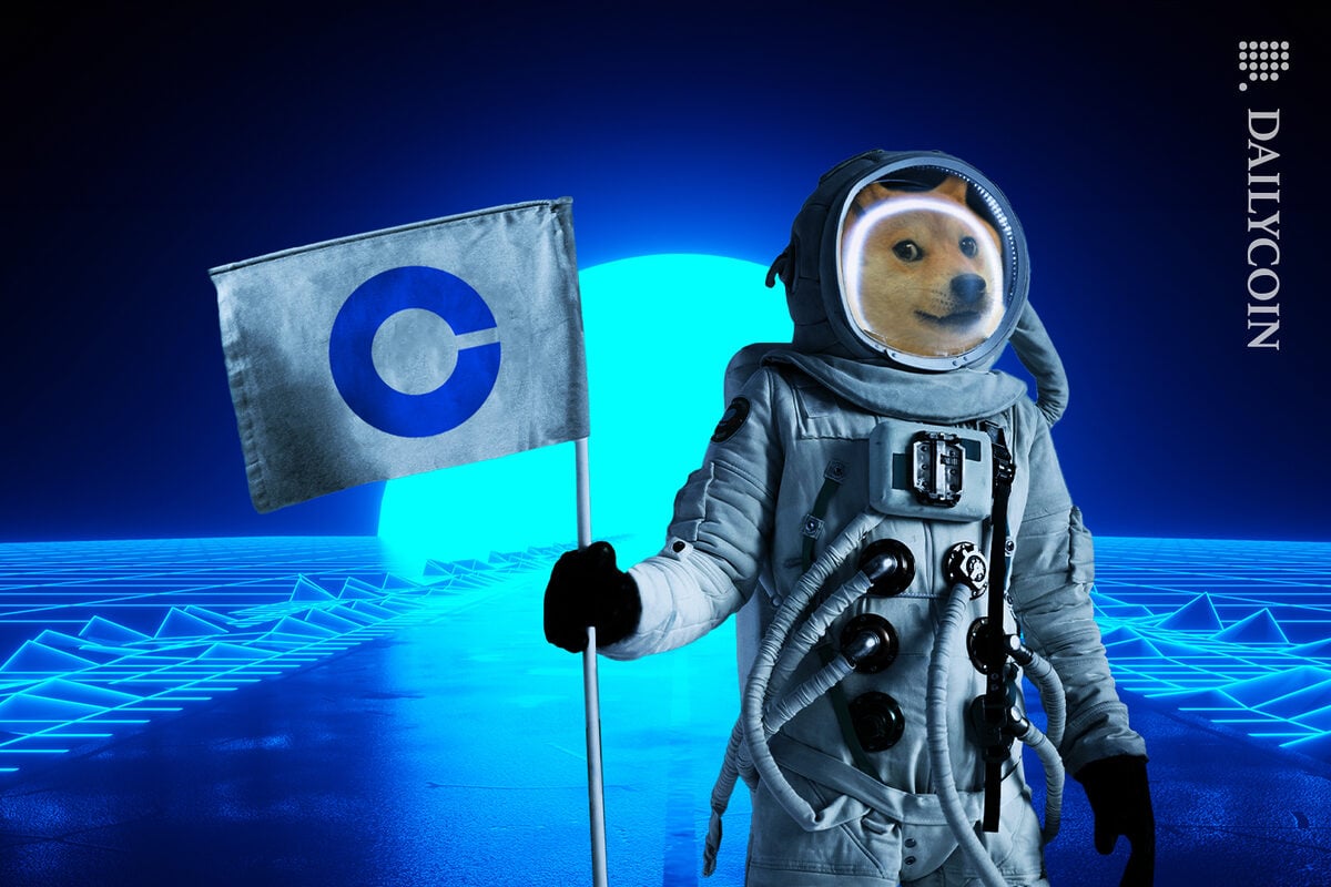 Doge in a space suit has been handed a Coinbase flag on Coinbase land.