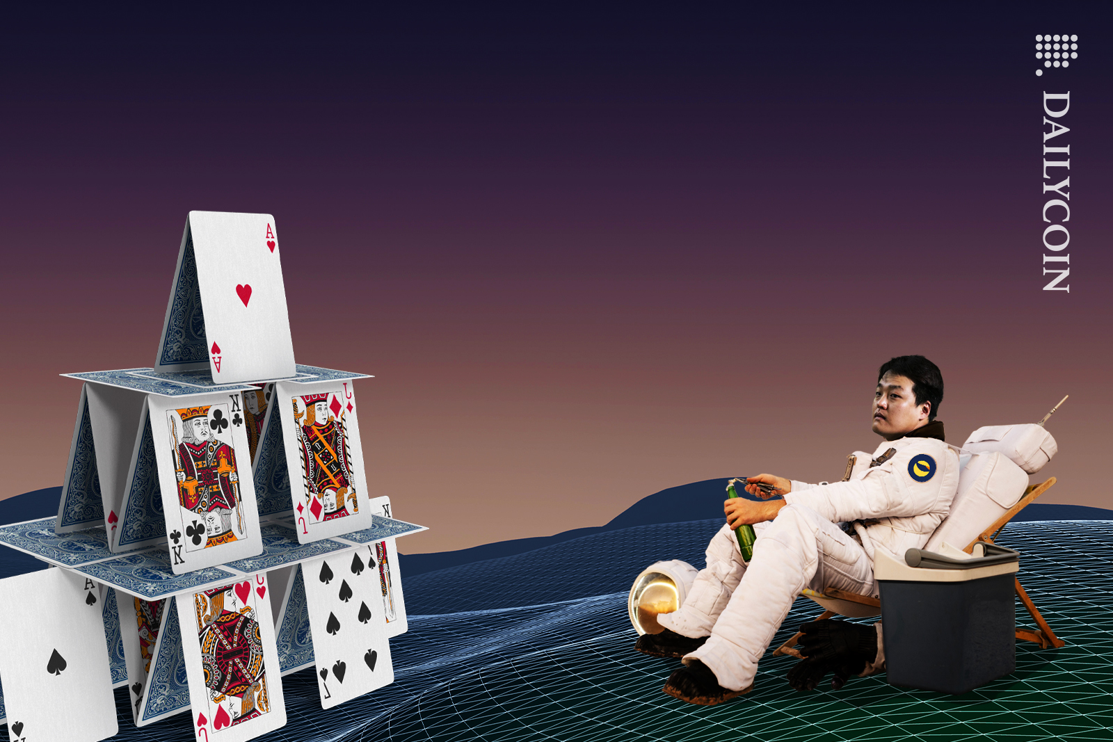 Do Kwon about to open a beer, sitting on a digital land with a house made of cards. But then he sees someone.