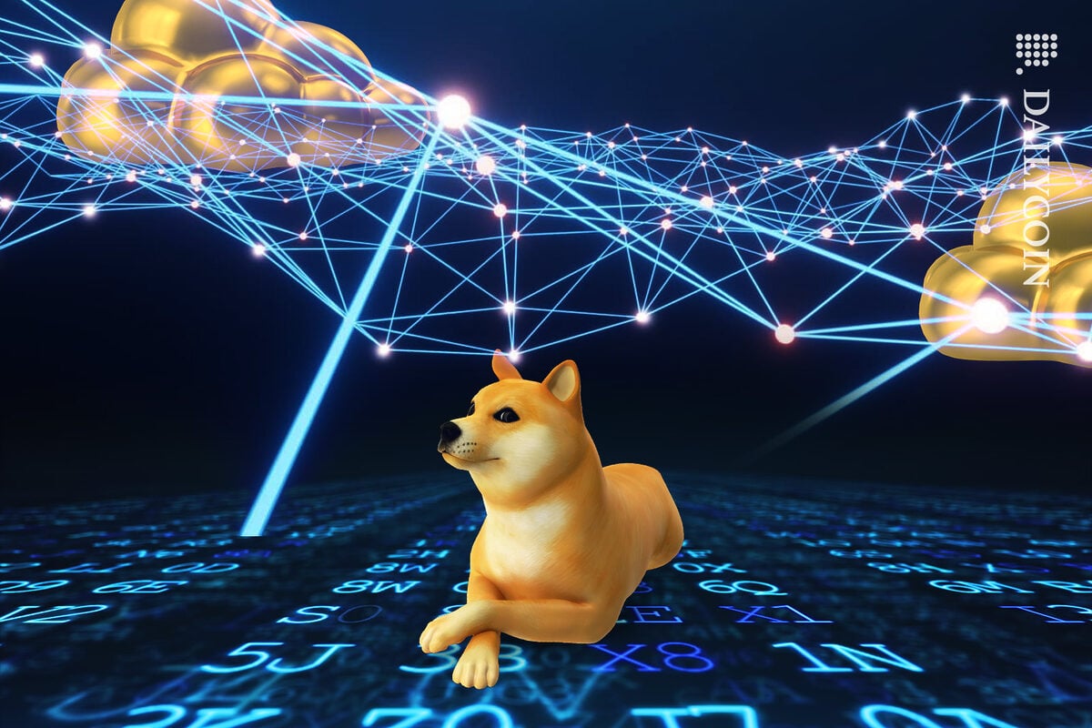 Doge sitting on his coding with a Defi cloud above his had scanning some codes.