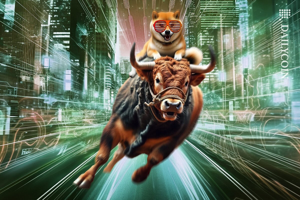 Doge running fast on a bull through the city.