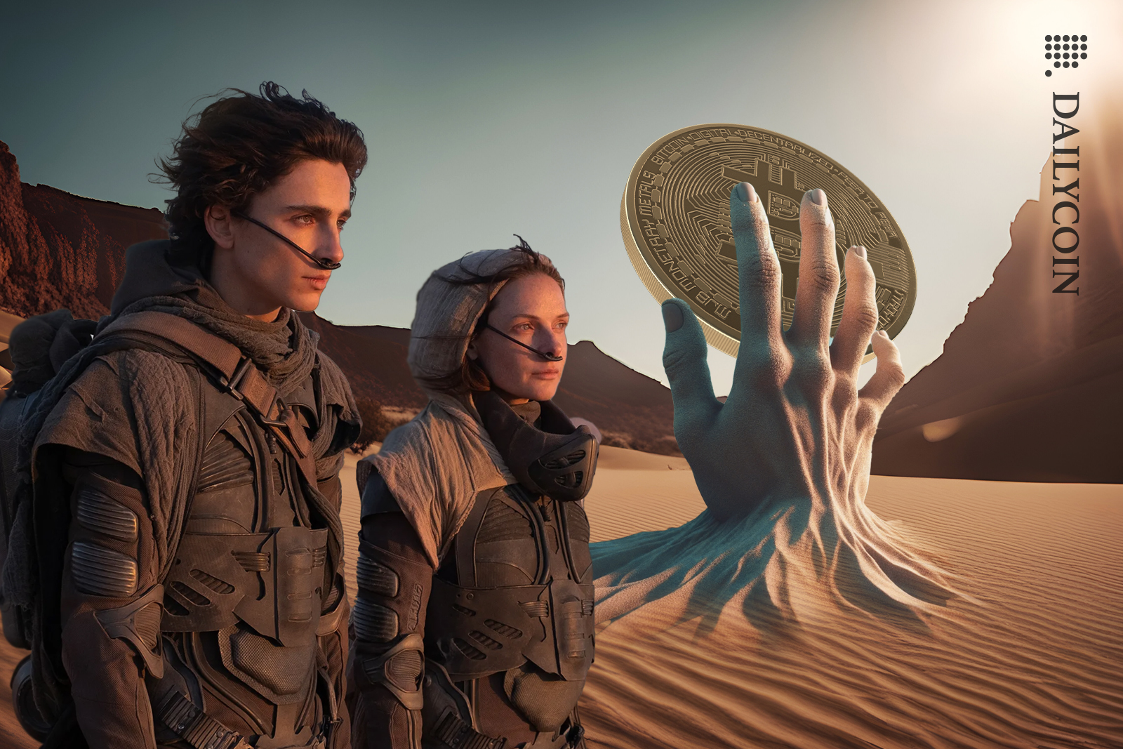 In the Dune part two movie a hand made of sand trying to catch a bitcoin going into space.