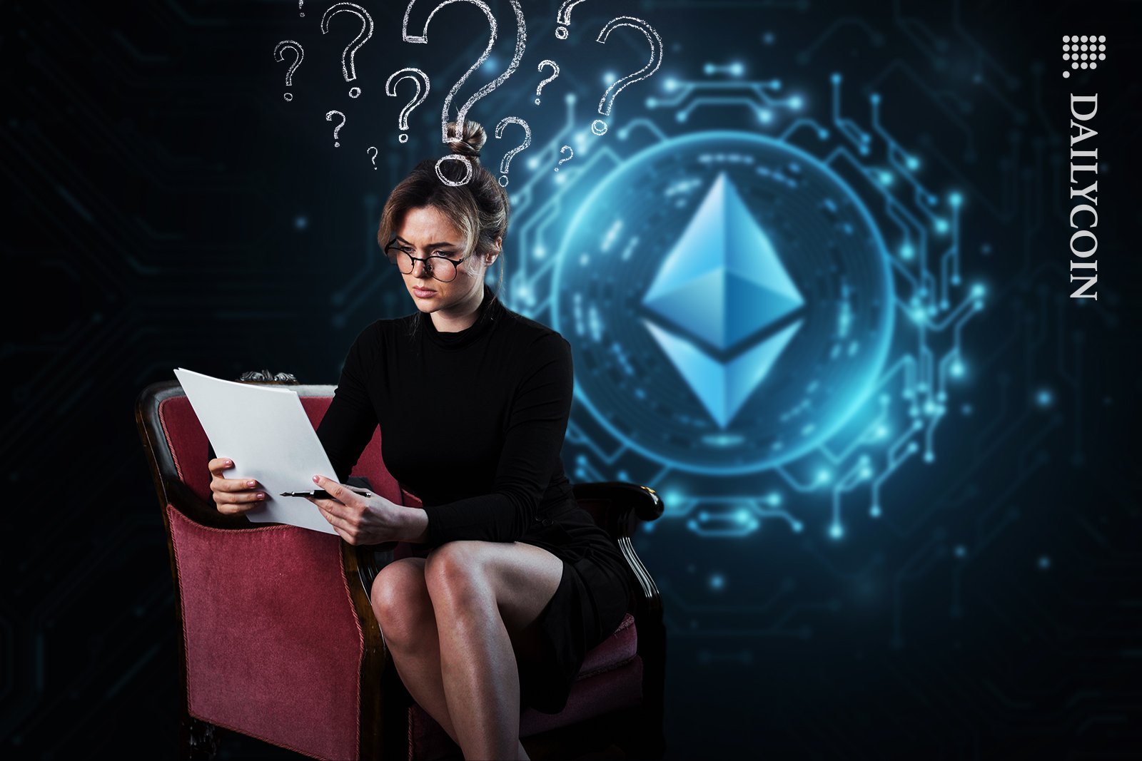 Woman has questions reading ETH documents.